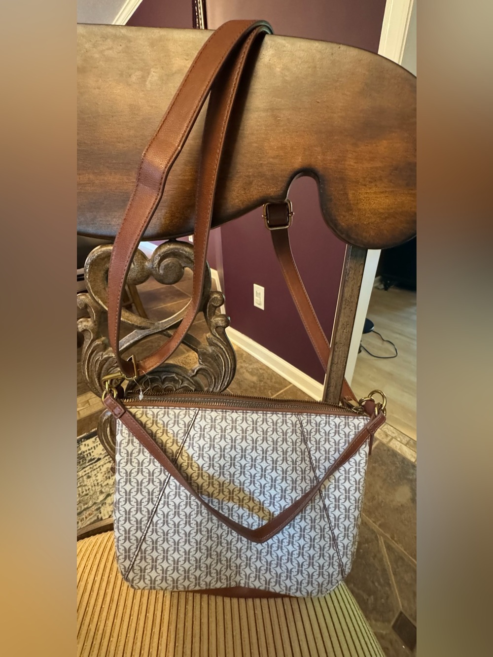 Fossil Cream and Brown Monogram Crossbody Bag